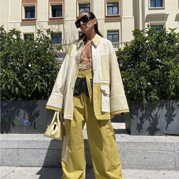 Zara Patchwork Contemporary Cargo Pants Wide Leg Pockets Belt Bohemian - Picture 3 of 16